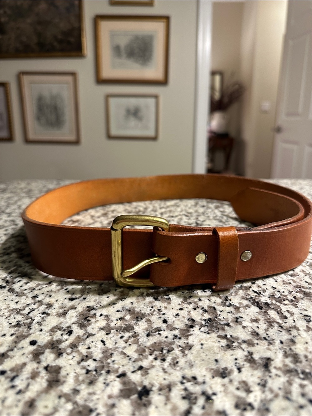 C.C. Filson Tan Leather Belt with Brass Buckle, Genuine Bridle Leather